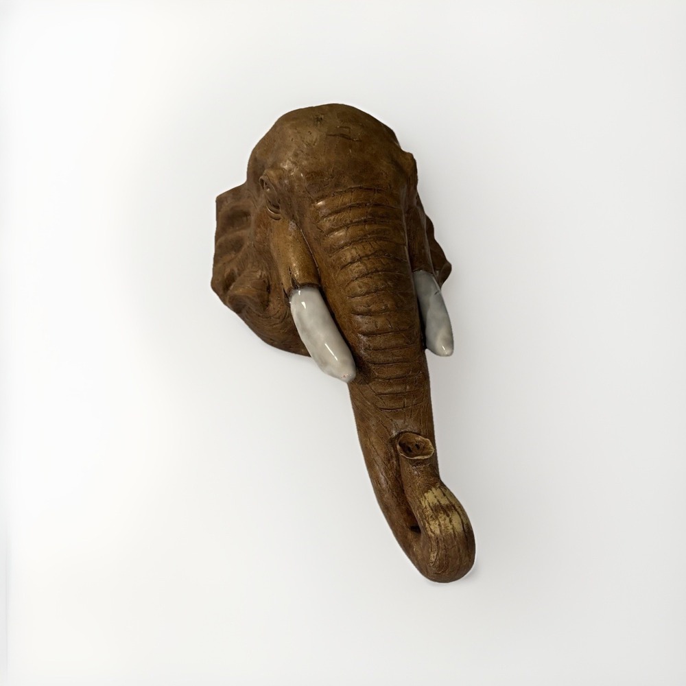 Elephant Wall Hook Safari Decor Faux Wood Resin Head Trophy‎ Head Animal Wall